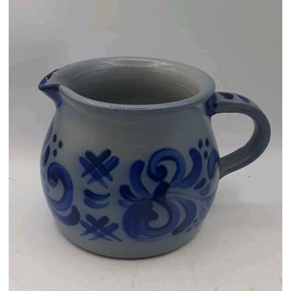 Vintage Hand Painted and Hand Turned Salt Pottery Pitcher 4 3/4 in Tall 6 Cups